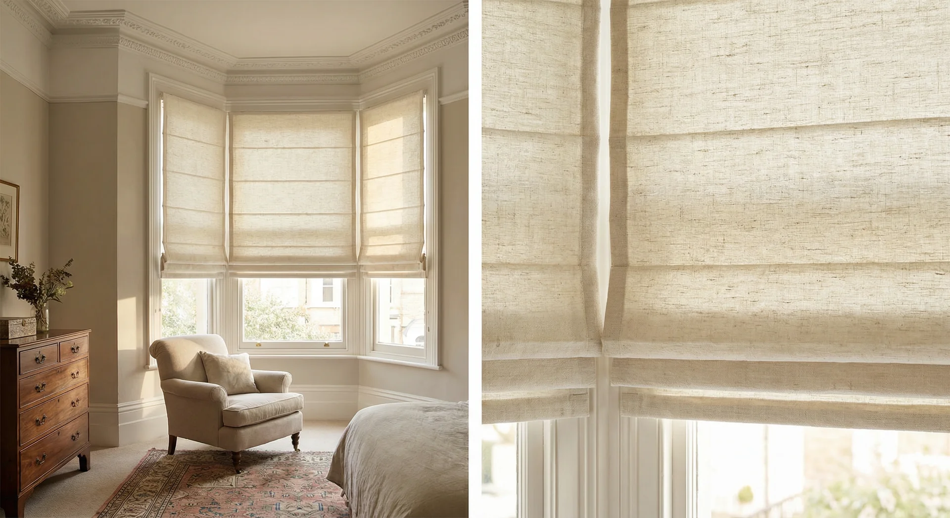 Luxury Roman blinds styled in a bright room